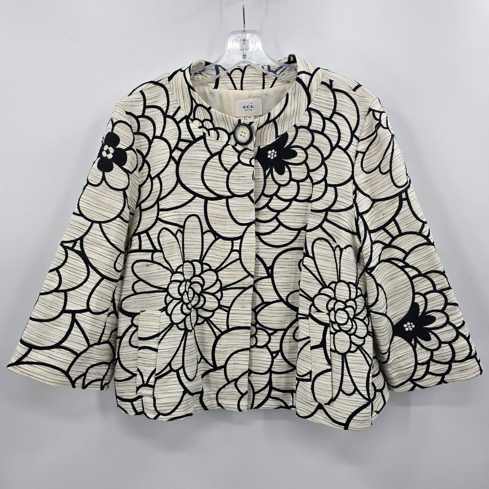 ECI New York Blazzer Womens XL Cropped Floralโ Jacket Black Cream Gold Textured
